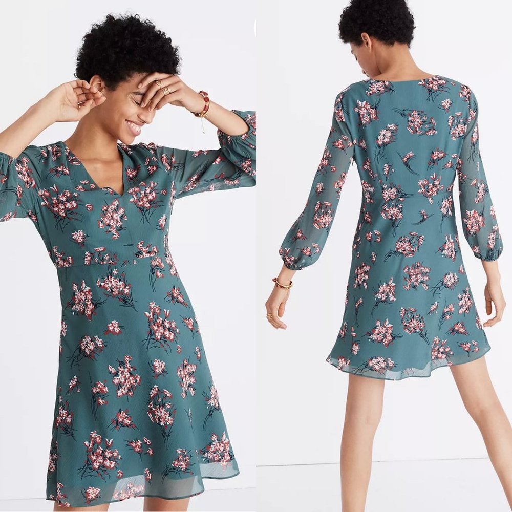 Madewell Teal Floral Long-Sleeve Dress